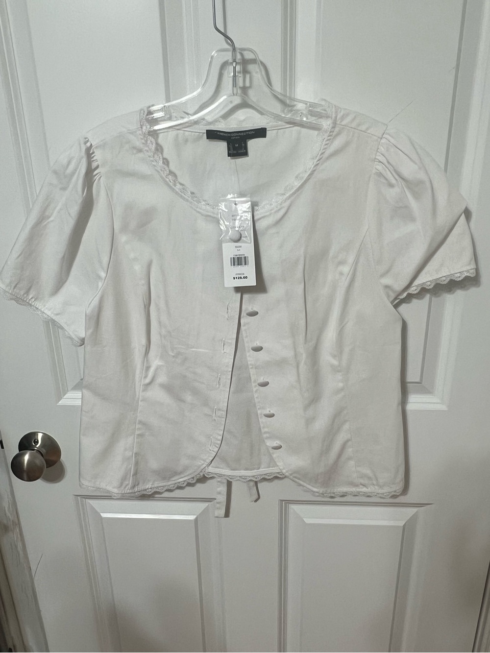 French Connection White Lace-Trim Button Front Blouse